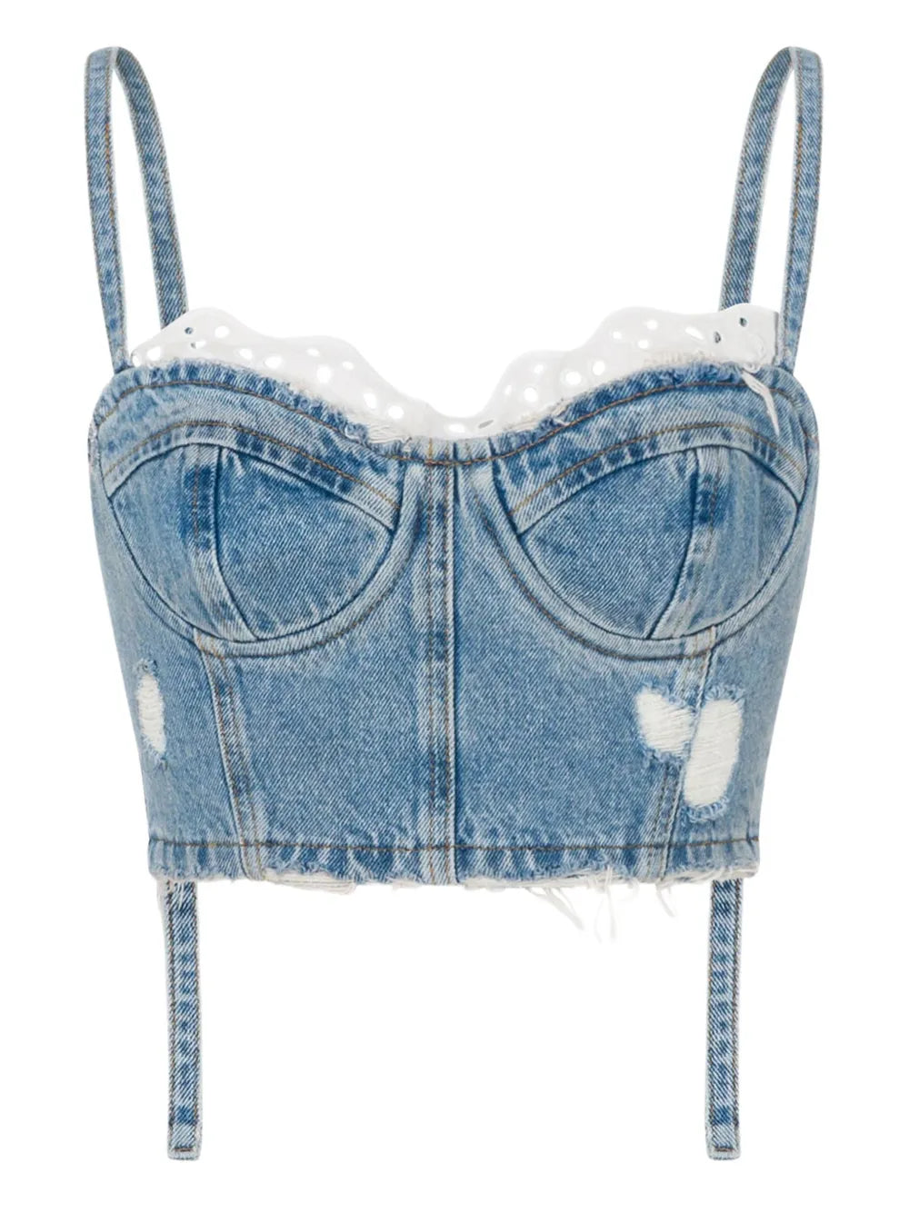 Distressed Denim Cropped Top with Structured Bustier Design
