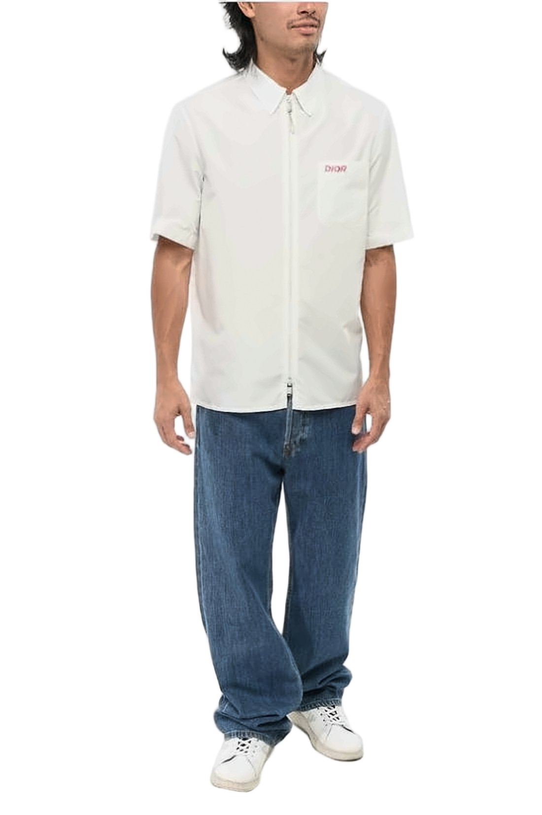 Short-Sleeve White Shirt with Front Zipper