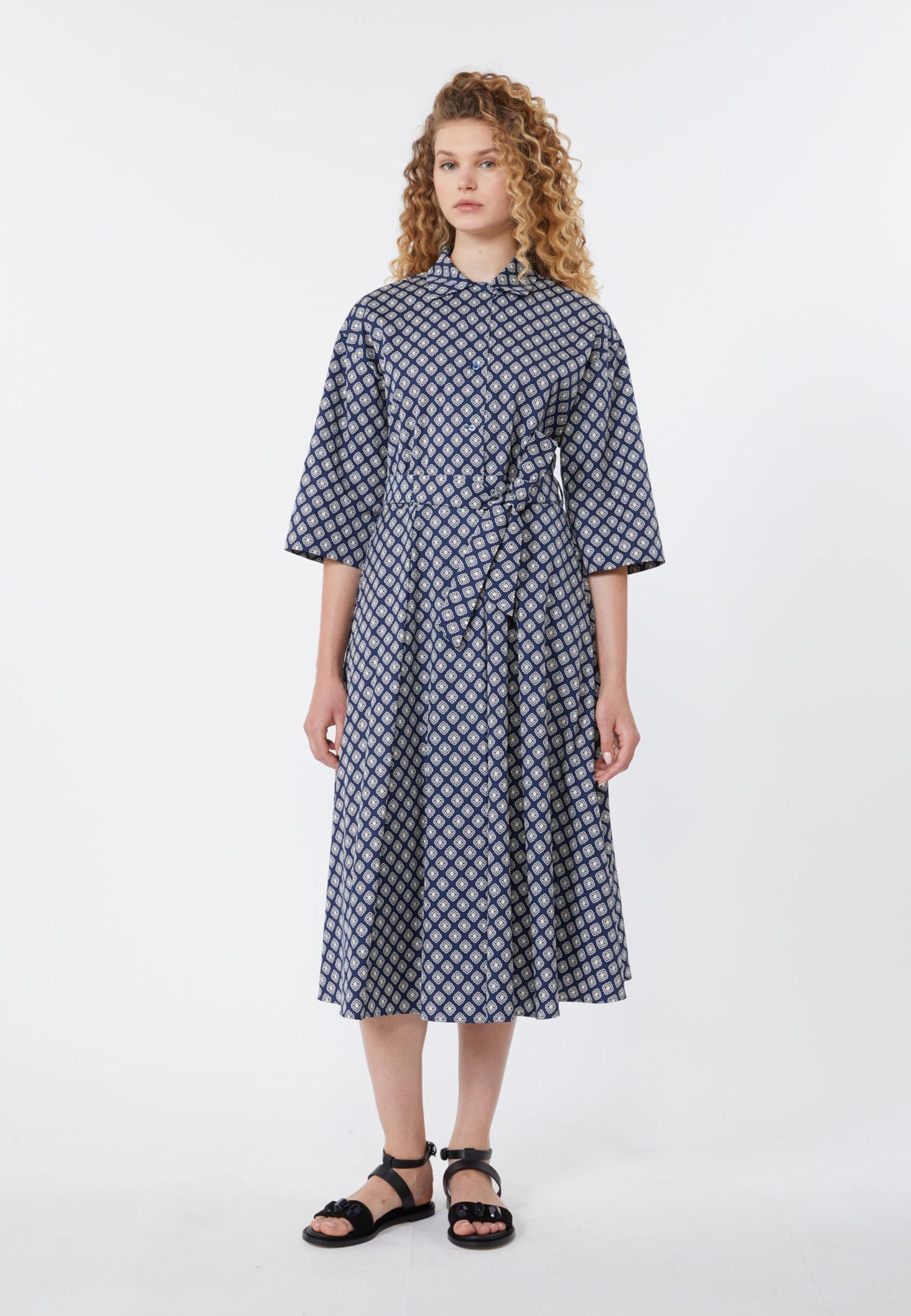 Midi Dress with Fitted Waist and Self-Tie Belt