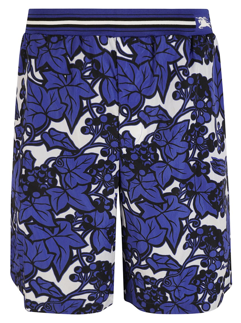 Floral Patterned Blue Shorts With Striped Waistband