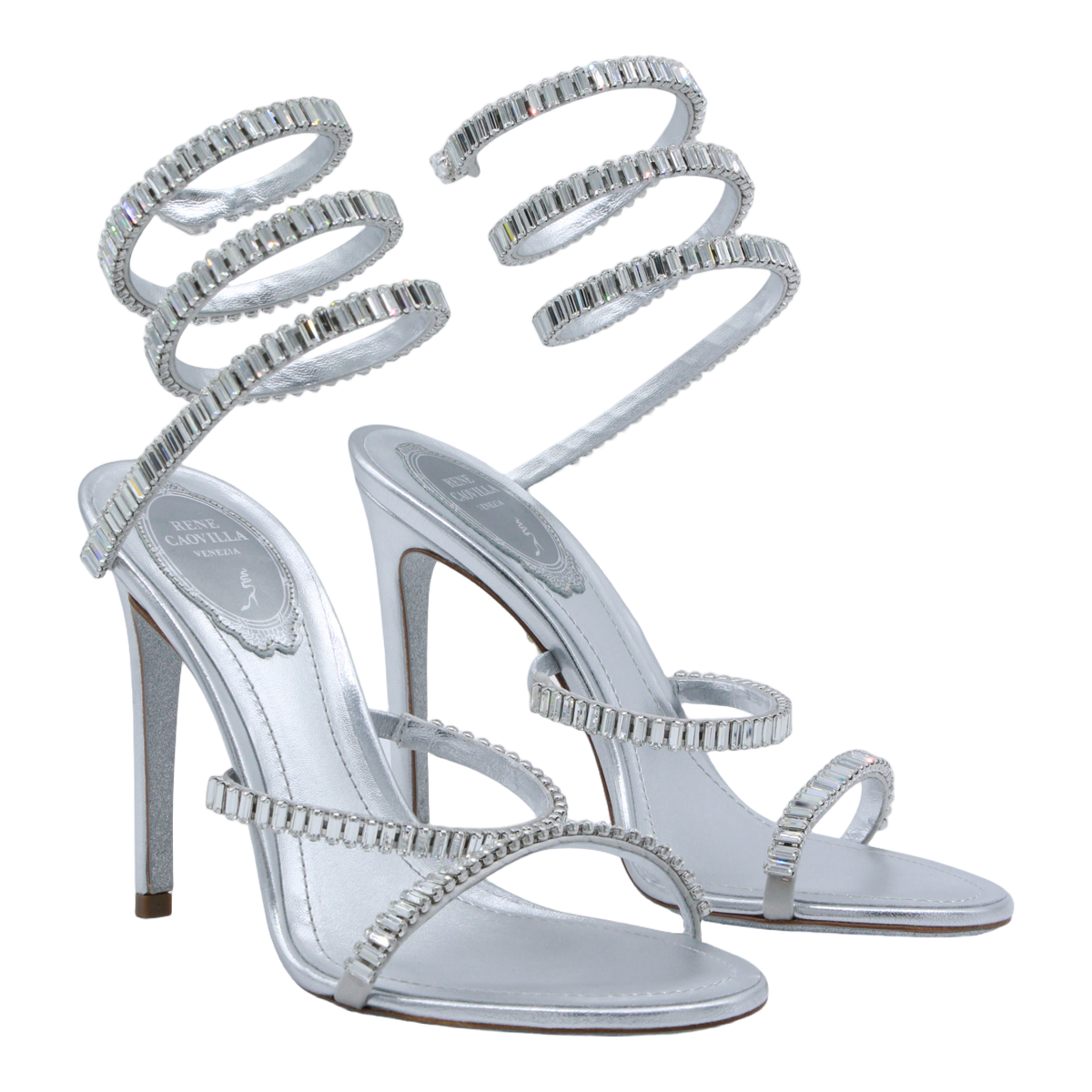 High-Heeled Silver Sandals with Crystal Embellishments