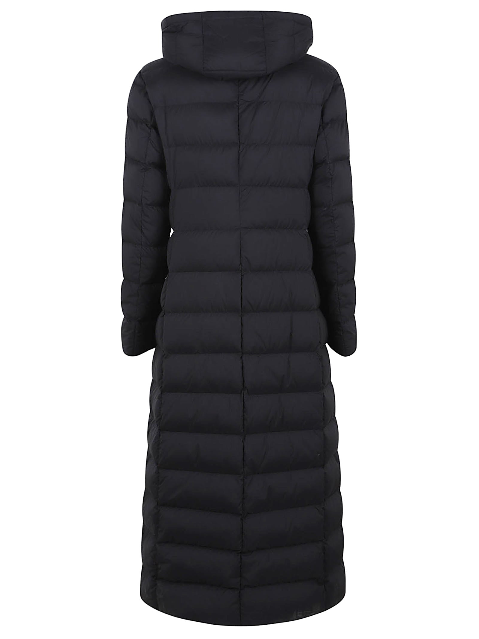 Long Quilted Down Jacket with High Collar and Hood