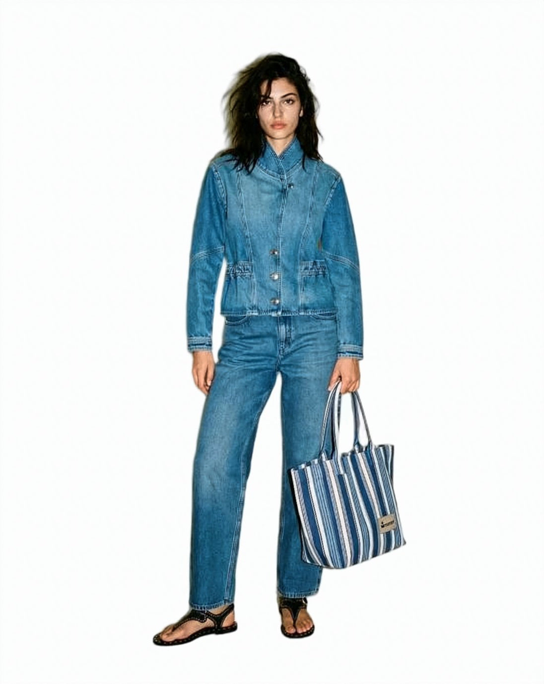 Medium Striped Cotton Shoulder Bag With Logo Patch