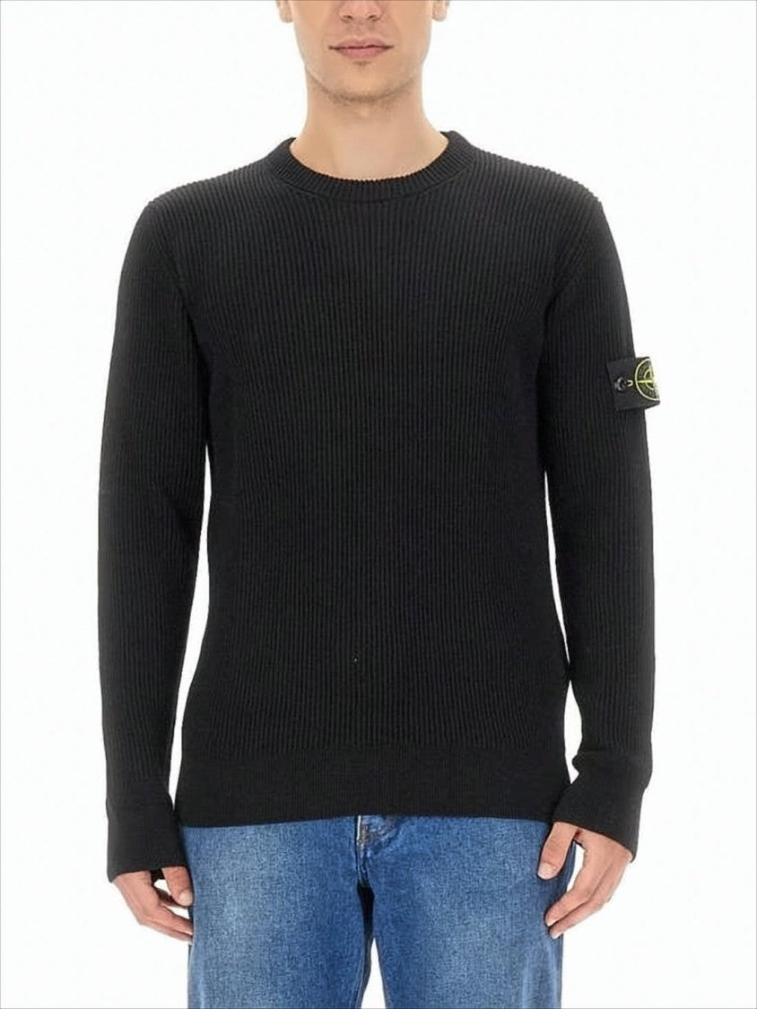Ribbed Wool Sweater with Distinctive Logo Patch