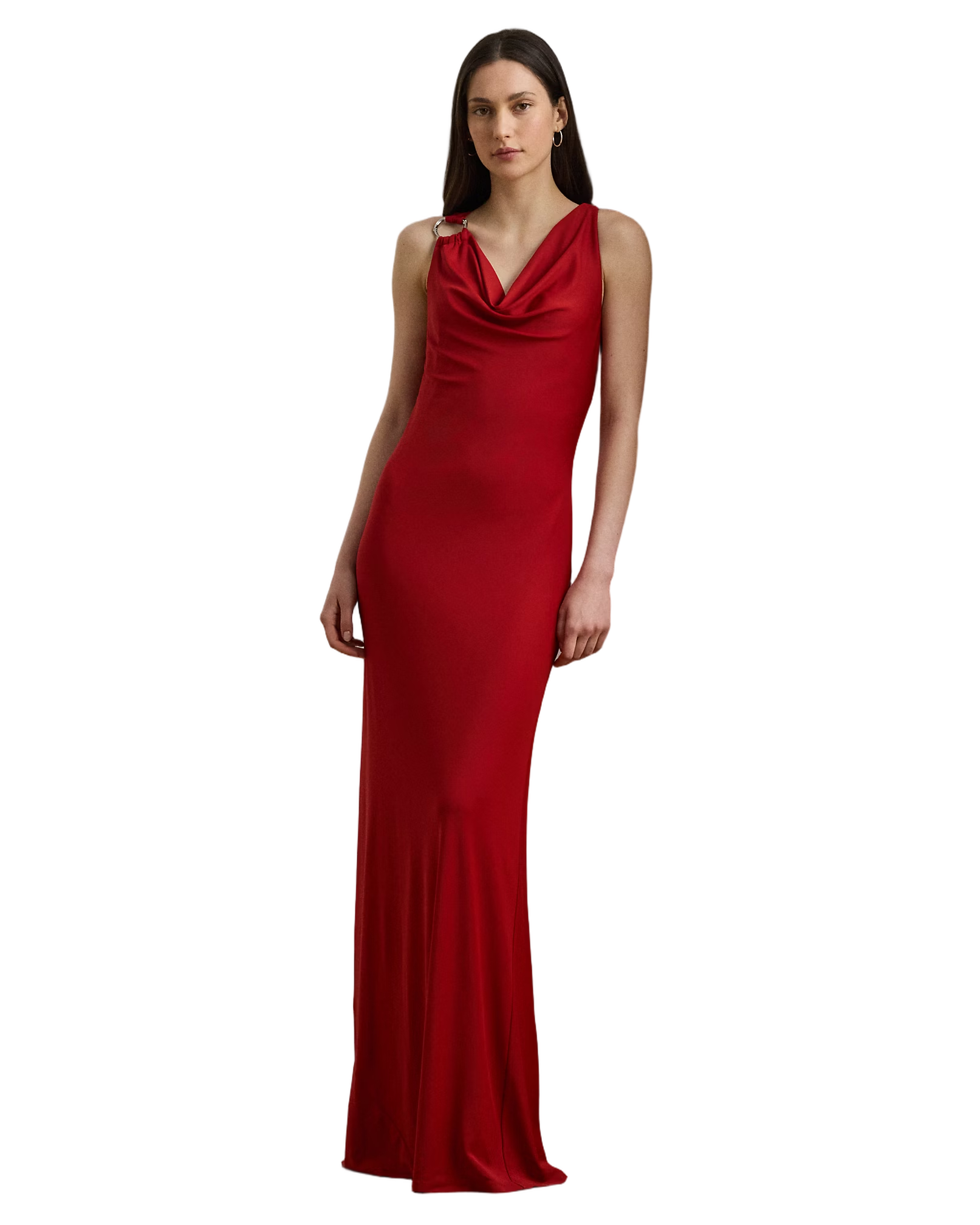 Floor-Length Red Cowl Neck Gown