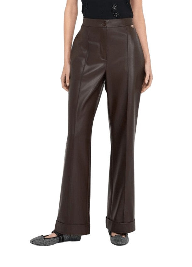 Coated Brown Wide-Leg Pants With Pressed Crease And Cuffed Hem