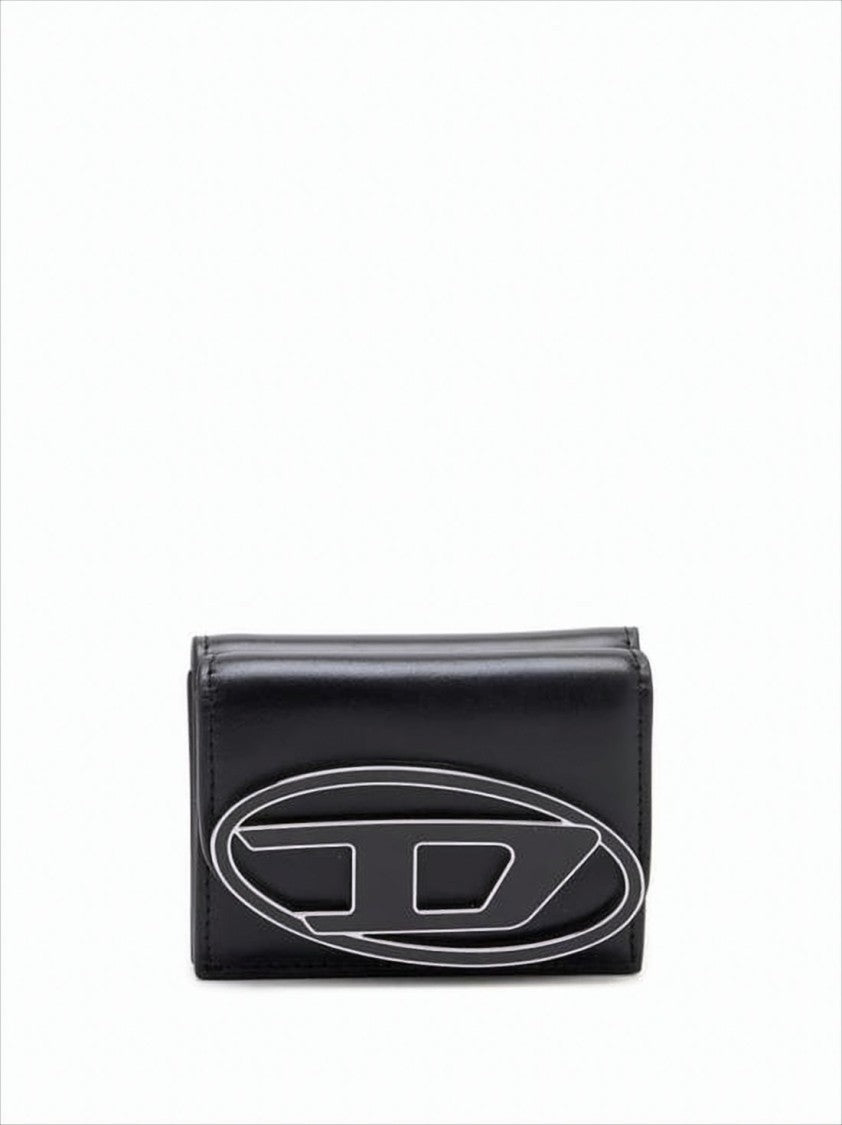 Compact Rectangular Wallet with Oval Emblem in Black