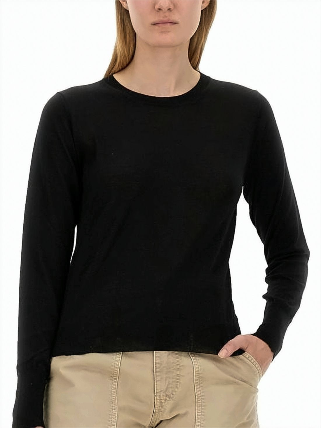 Long-Sleeved Fitted Black Wool Sweater with Star Embellishments