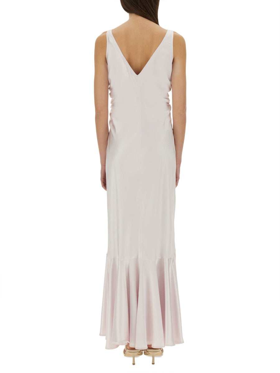 Long Dress With Deep V-Neckline And Flared Hem