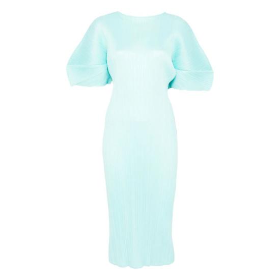 Pleated Long Dress With Voluminous Puff Sleeves