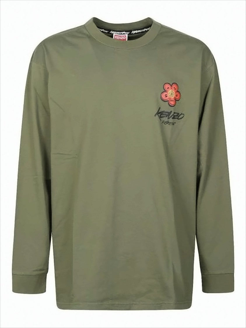 Olive Green Long-Sleeve T-Shirt With Floral Graphic