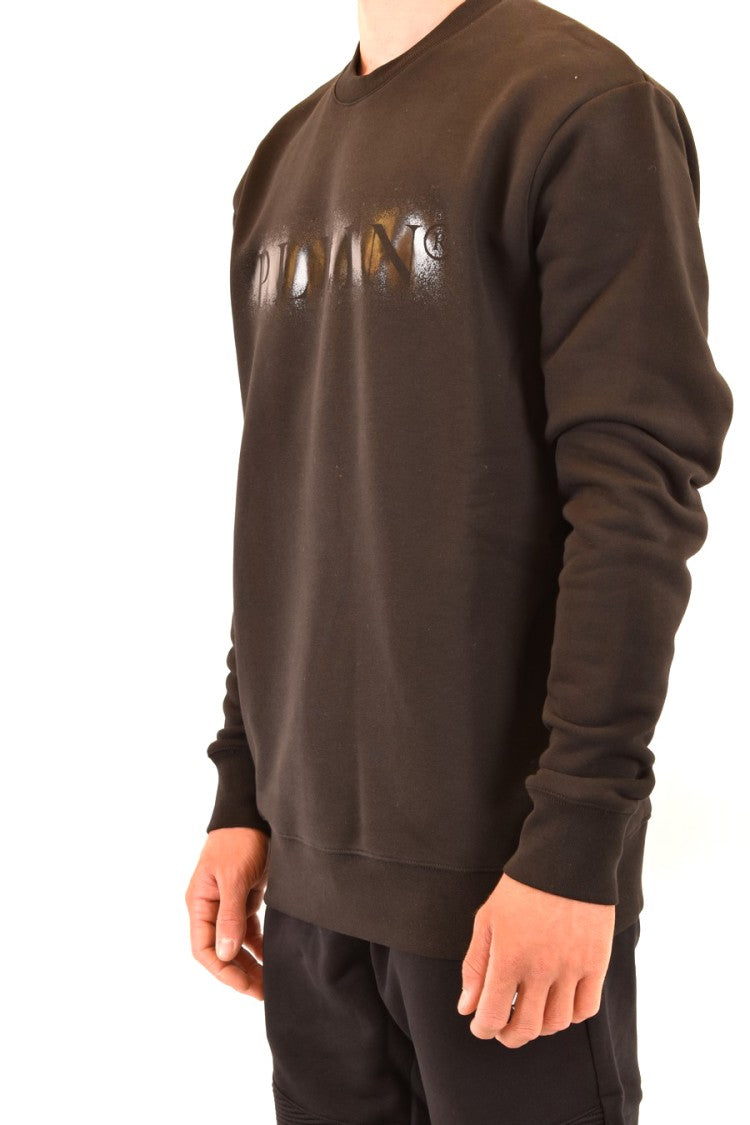 Glossy Embossed Black Sweatshirt With Crew Neck