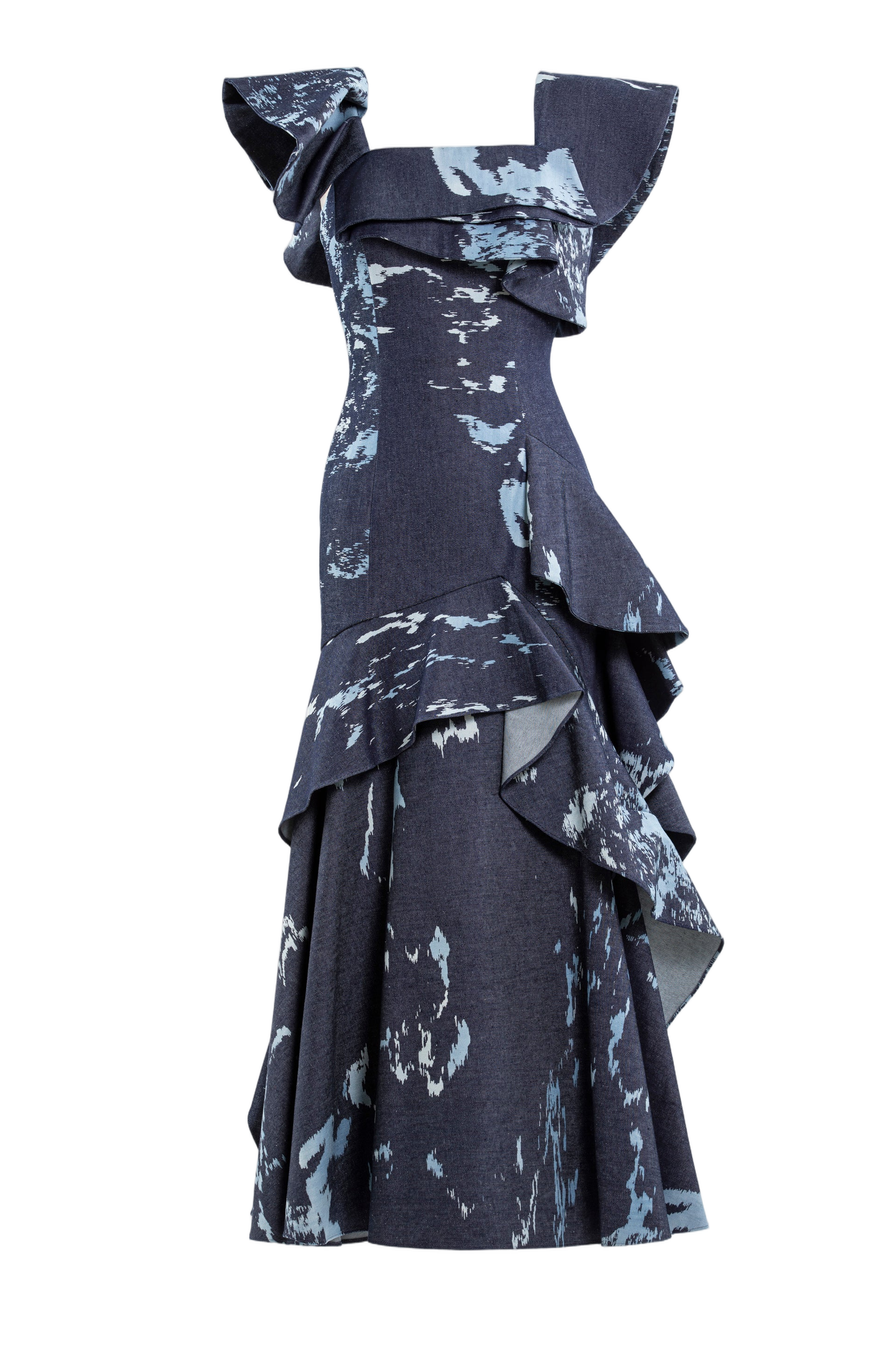 Layered Printed Denim Midi Dress