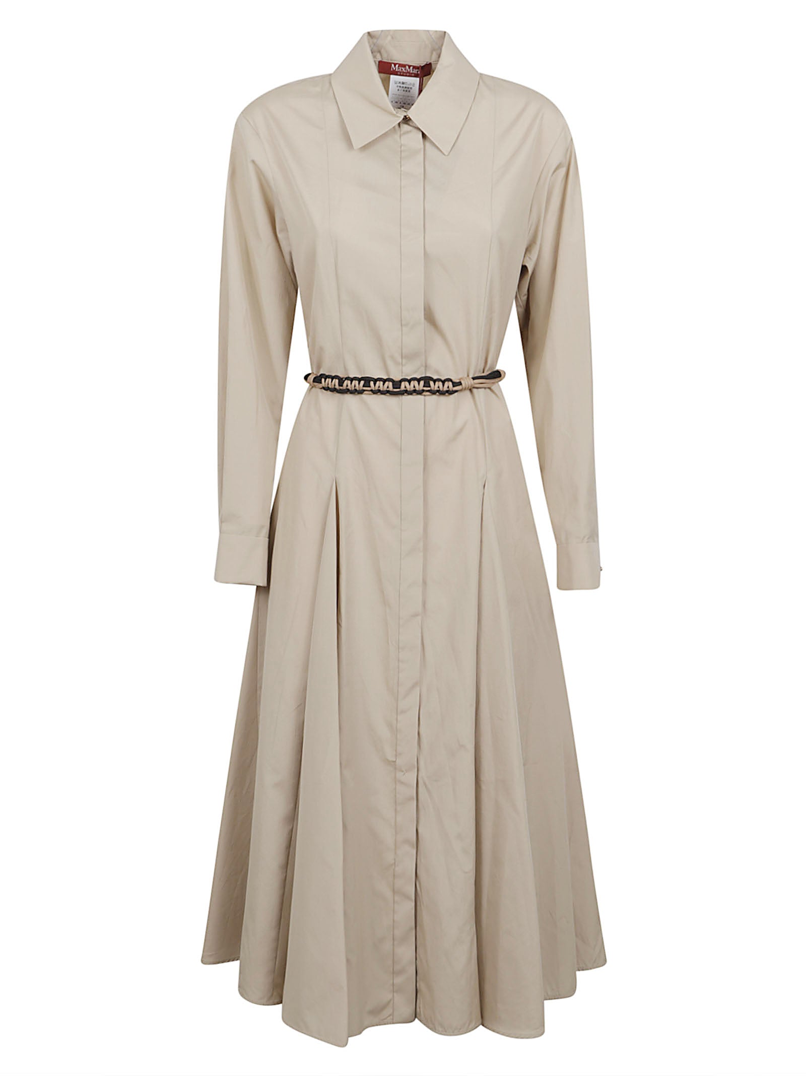 Midi Cotton Dress with Pointed Collar and Fitted Waist