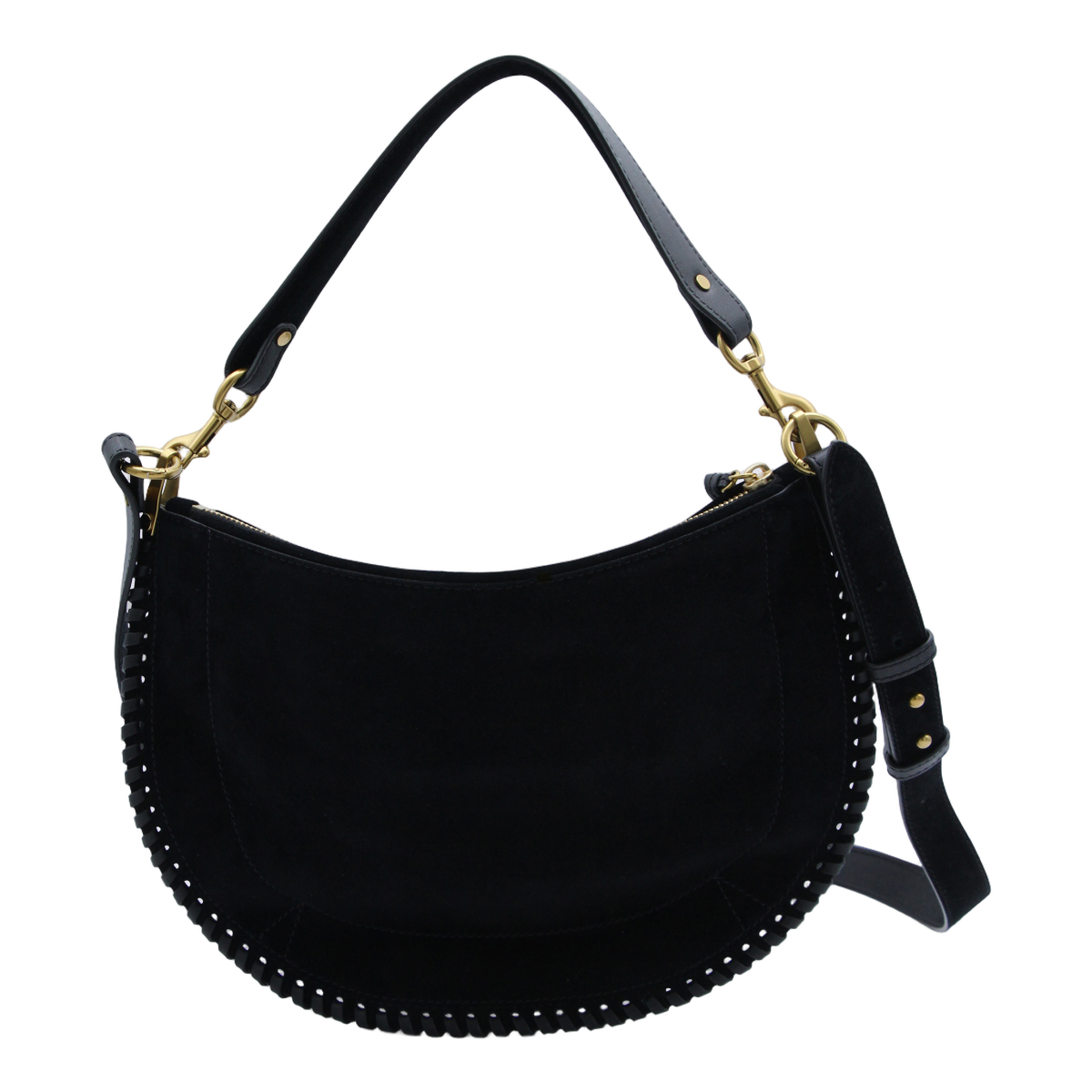 Crescent-Shaped Black Suede Handbag With Whipstitch Trim