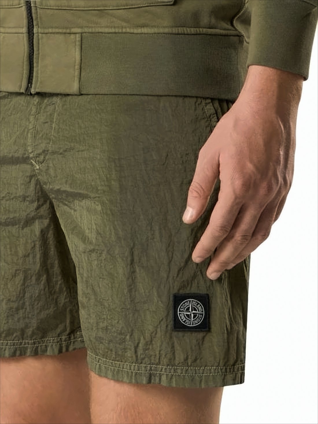Green Polyamide Shorts with Crinkled Texture