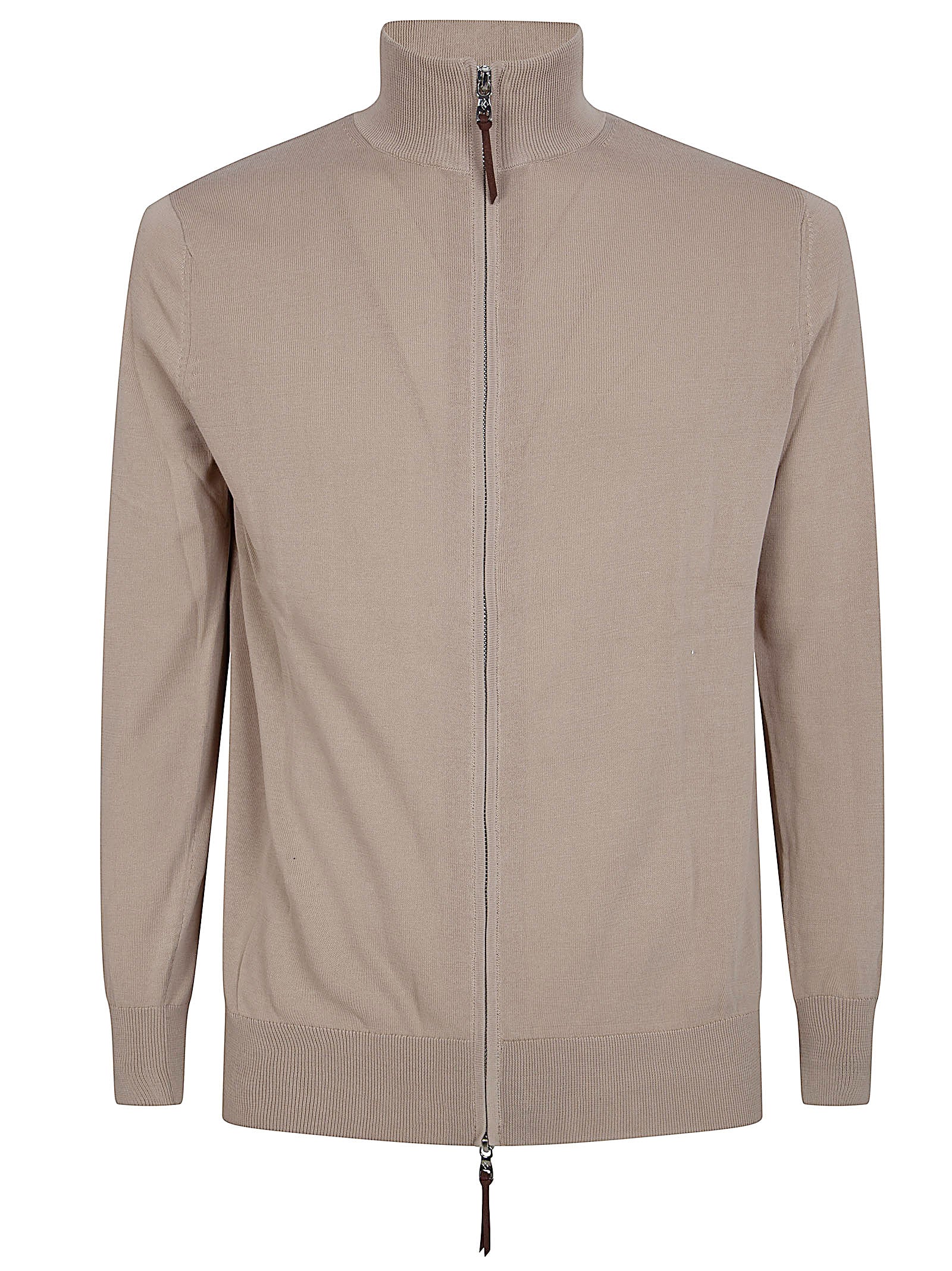 Full Zip Knit Sweater with Ribbed Collar and Leather Detail