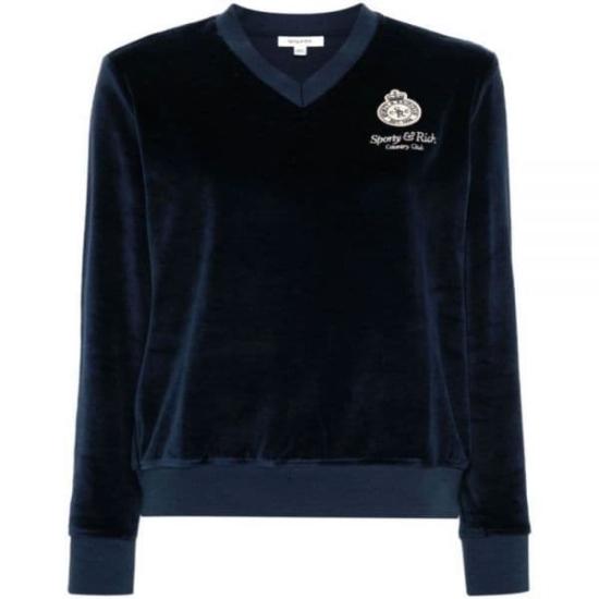Velvety Black Cotton Long-Sleeved V-Neck Top