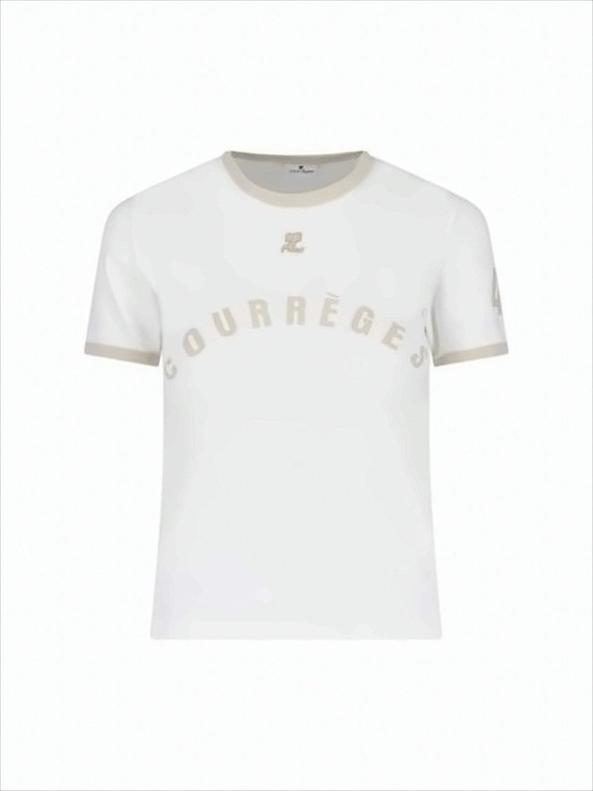 Cropped White T-Shirt With Beige Logo And Trim