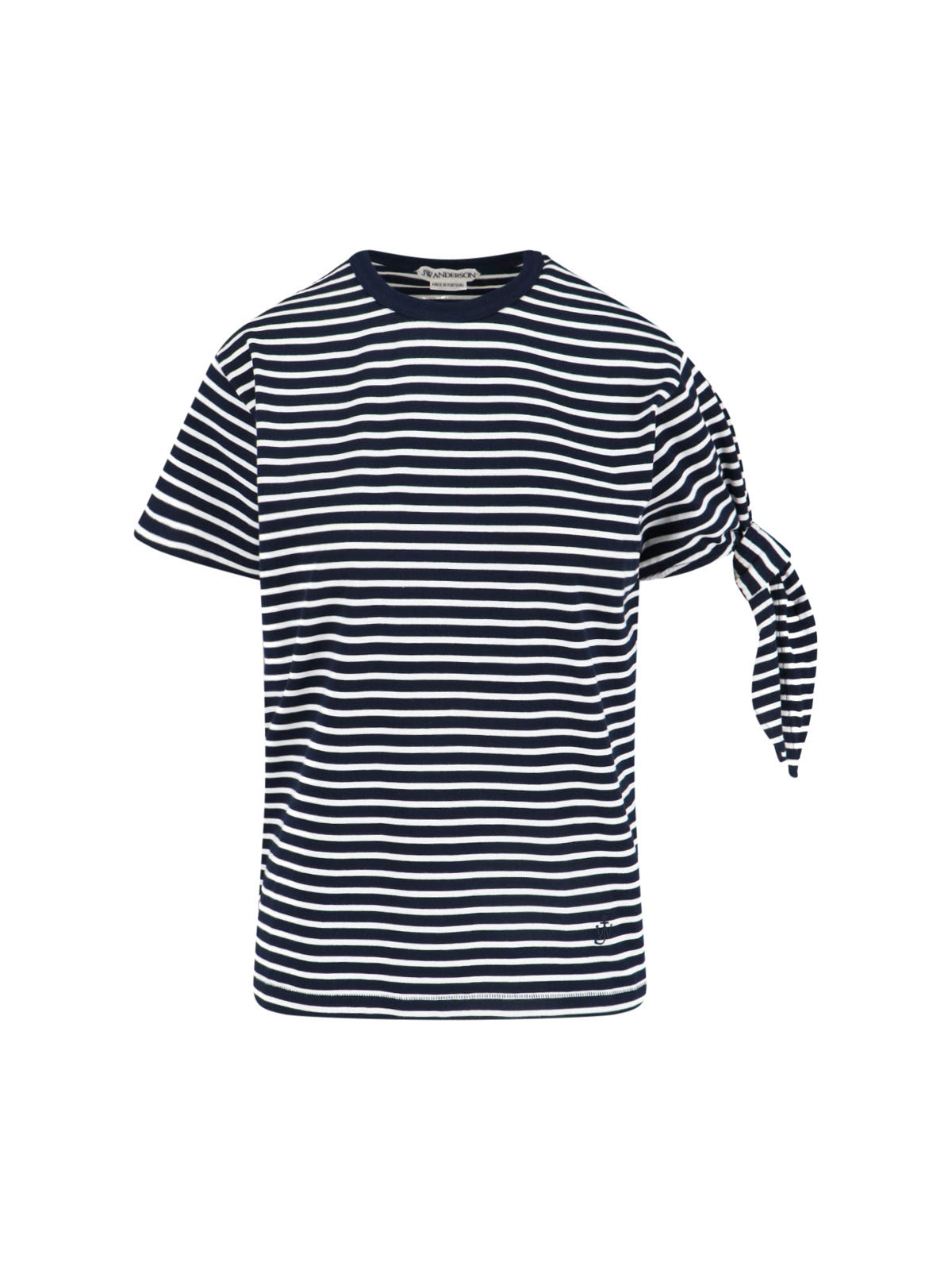 Blue Striped Knotted Sleeve Cotton T-Shirt