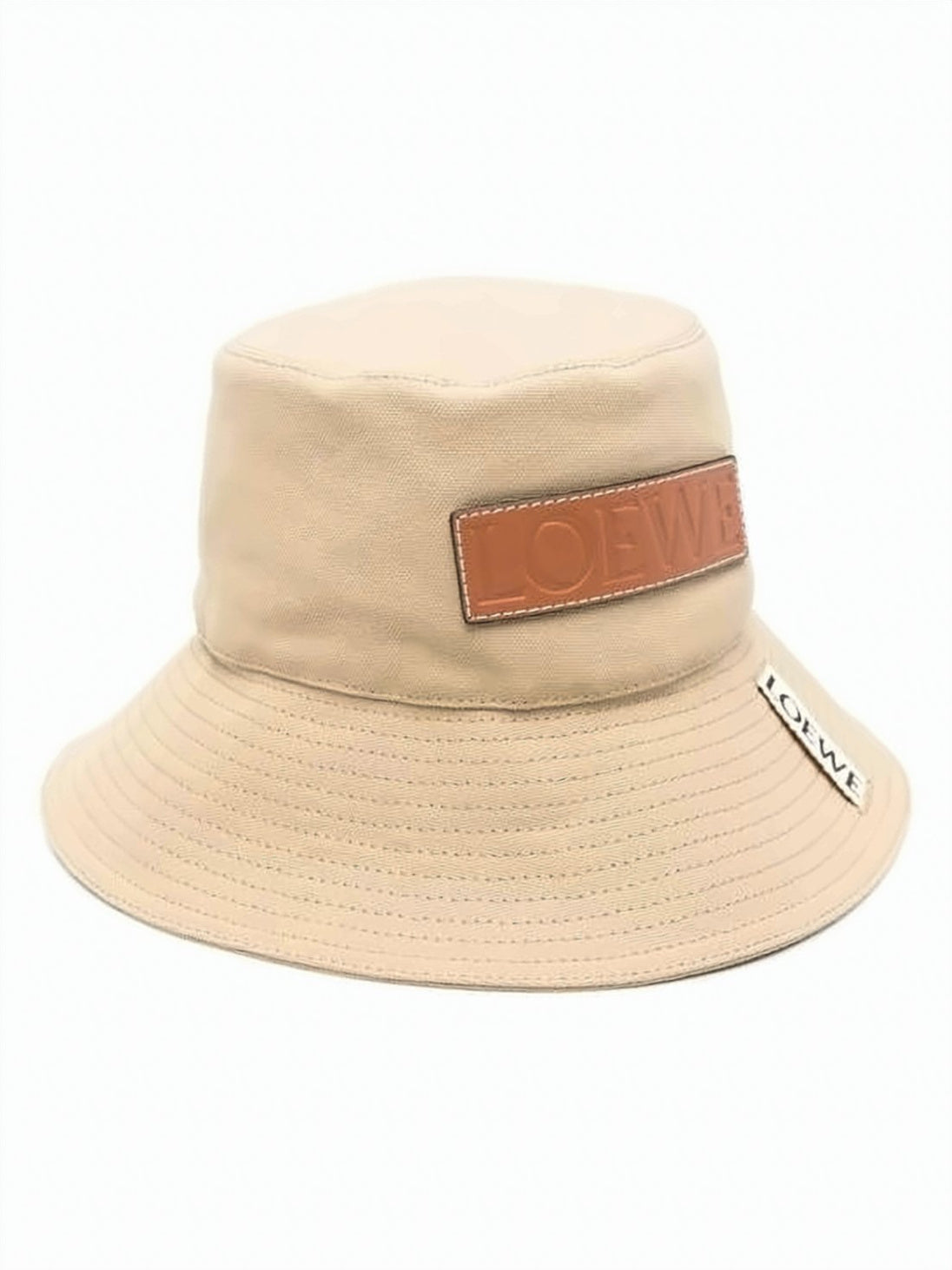 Light Beige Cotton Bucket Hat with Embossed Leather Patch