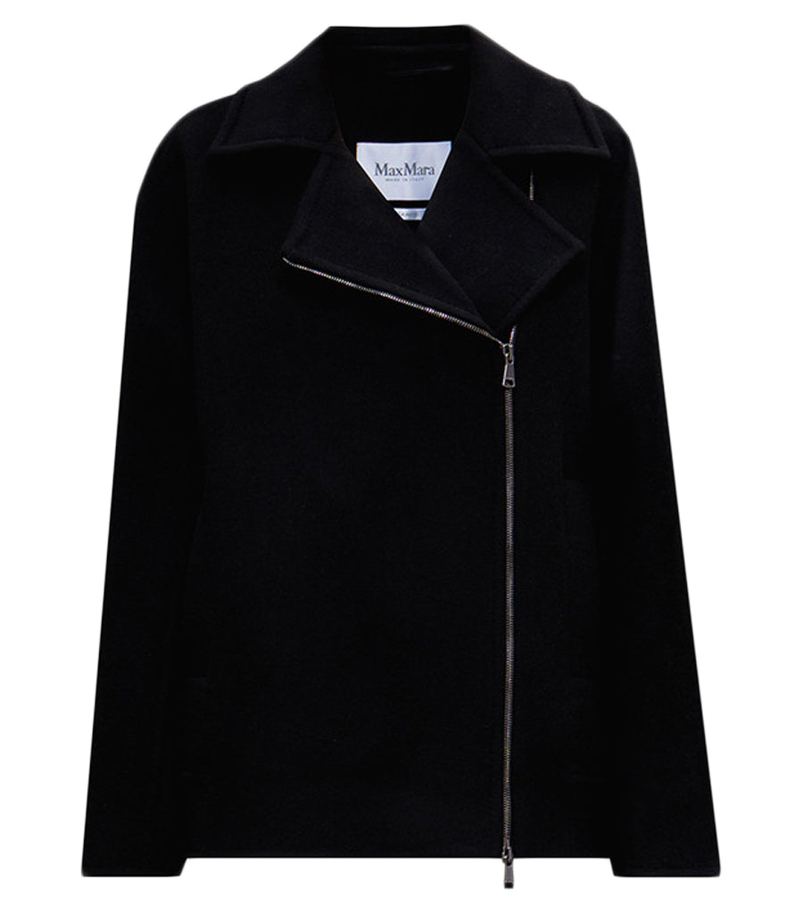 Asymmetrical Zip Black Wool Coat With Wide Lapels And Side Pockets