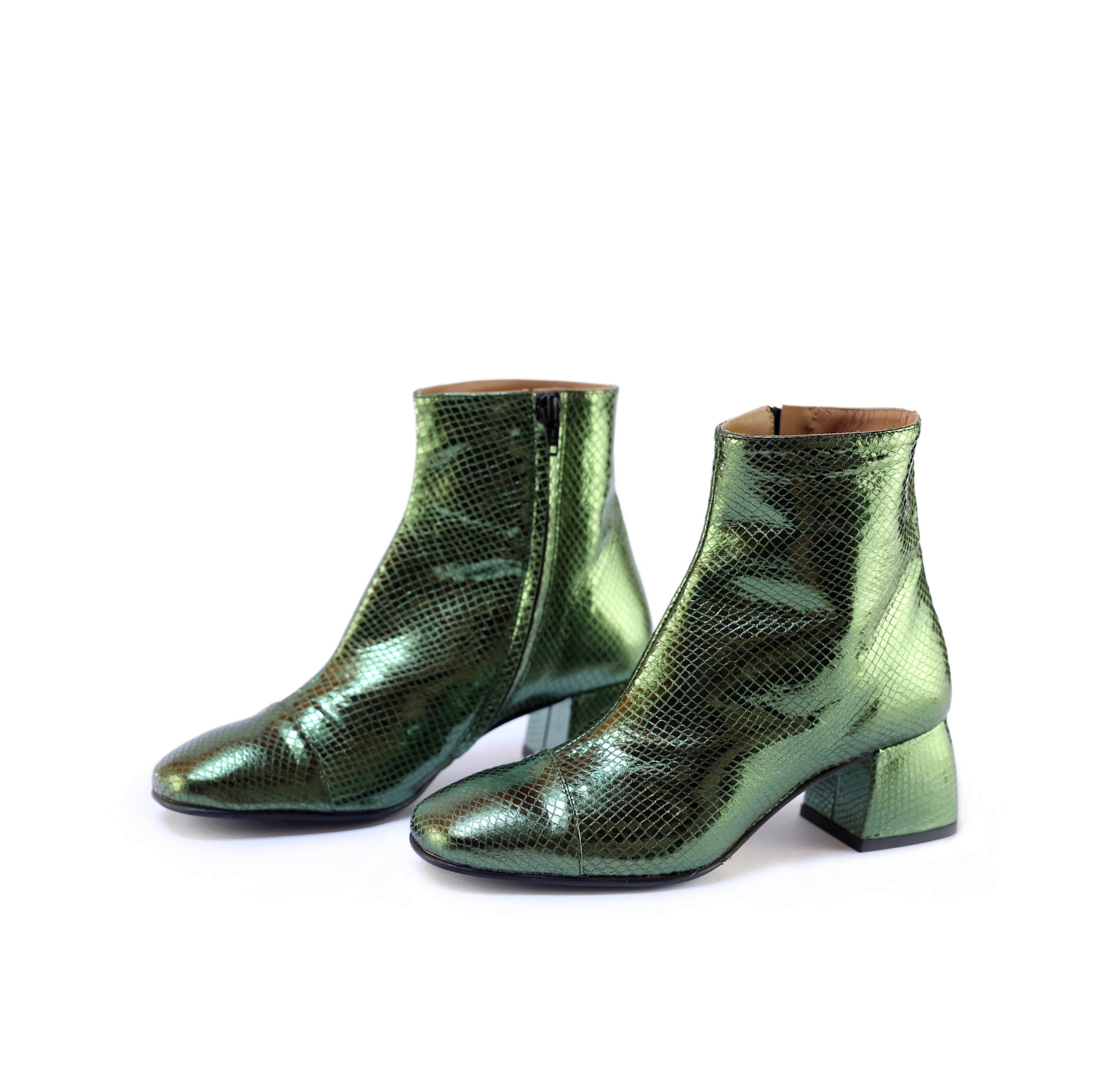 Snake-Effect Military Green Ankle Boots with Square Toe