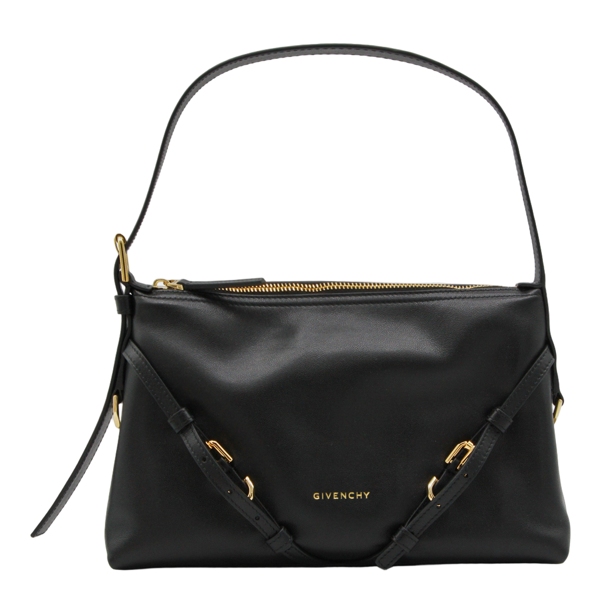 Structured Black Handbag with Gold-tone Accents