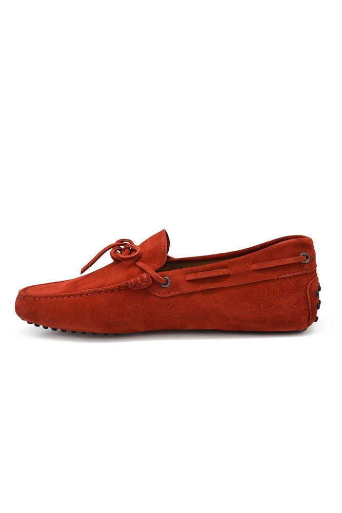 Red Suede Loafers With Knotted Laces