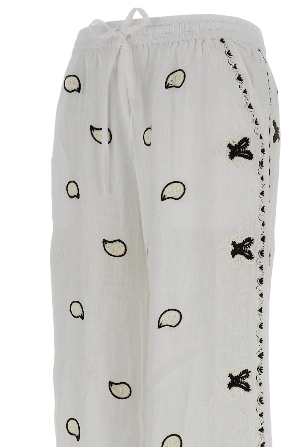 Wide Leg Linen Trousers with Delicate Embroidery