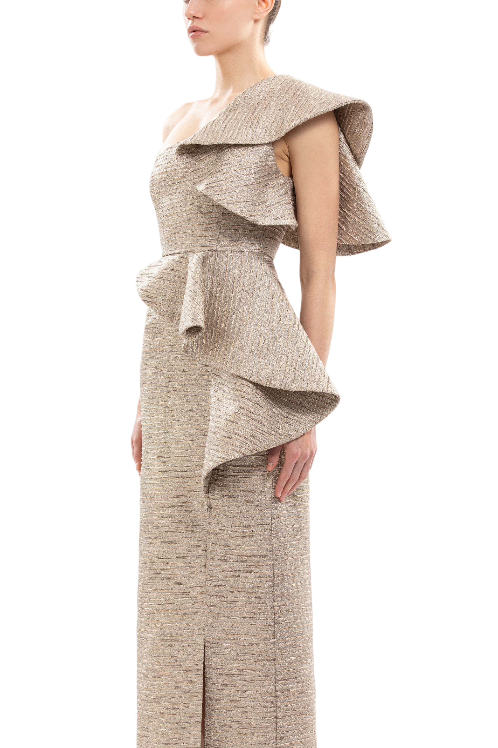 Ruffled Light Gold Brocade Dress