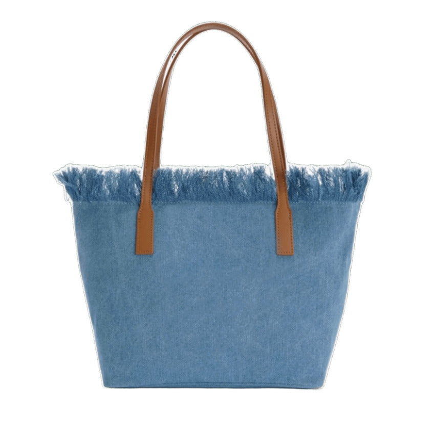 Medium Denim Shopper with Fringed Top Edge