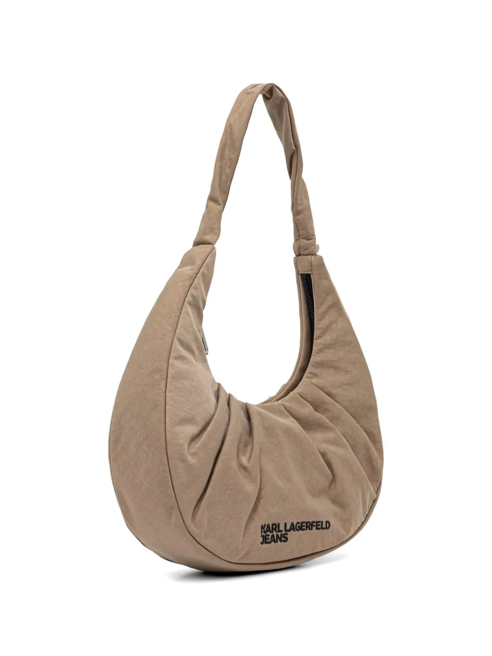 Crescent-Shaped Handbag with Padded Texture and Embossed Logo