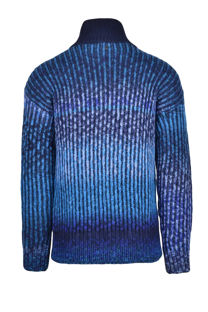 Wool Alpaca Zip Mock Neck Sweater - Blue/Light Blue