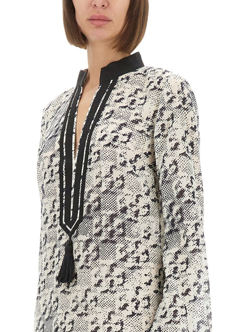 Printed Silk-Cotton Tunic With V-Neckline
