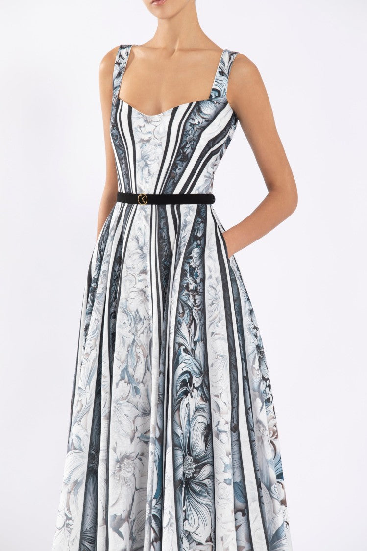 Linen Printed Dress With Striped, Floral Print