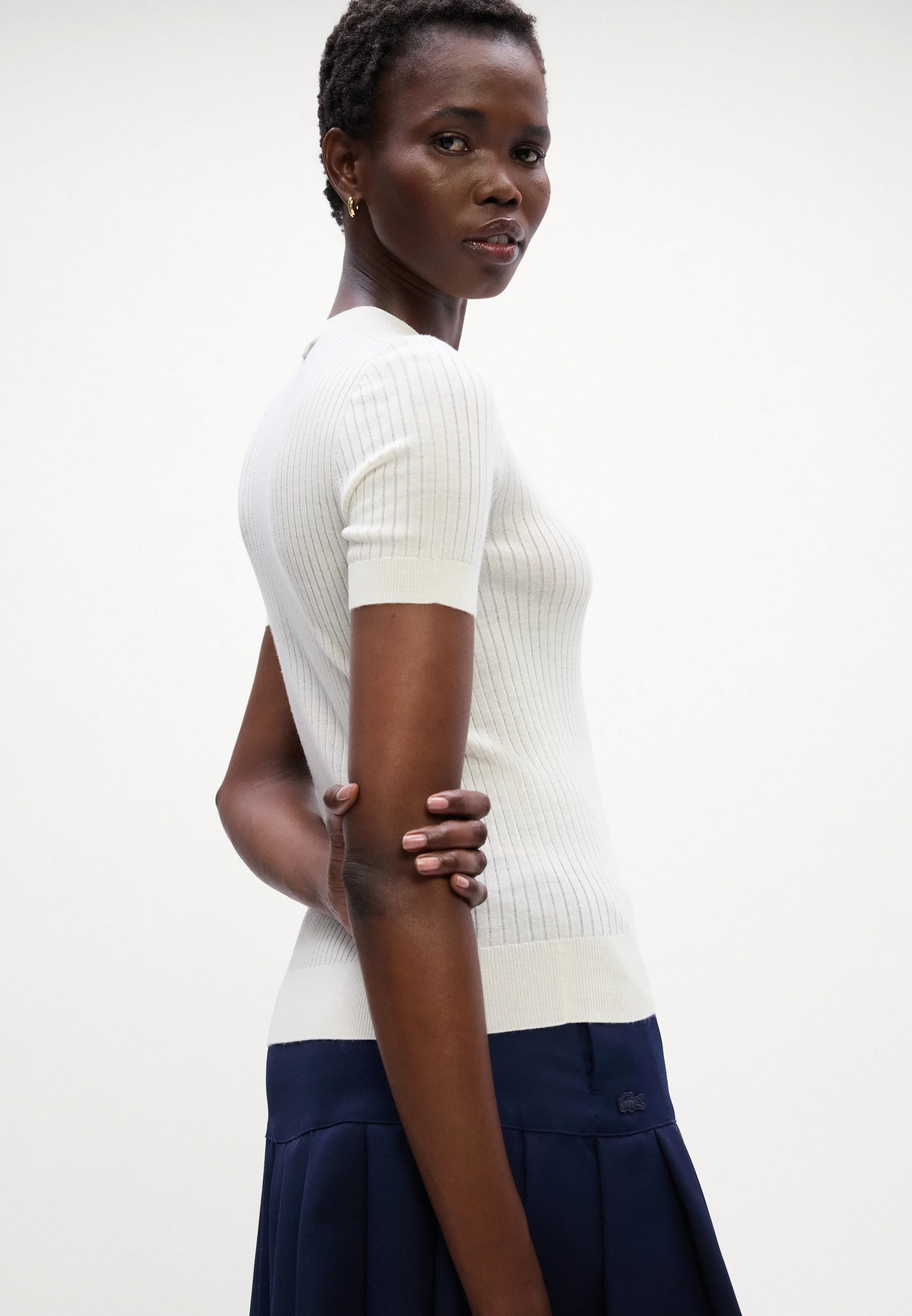 White Short Sleeve Ribbed Knit Top