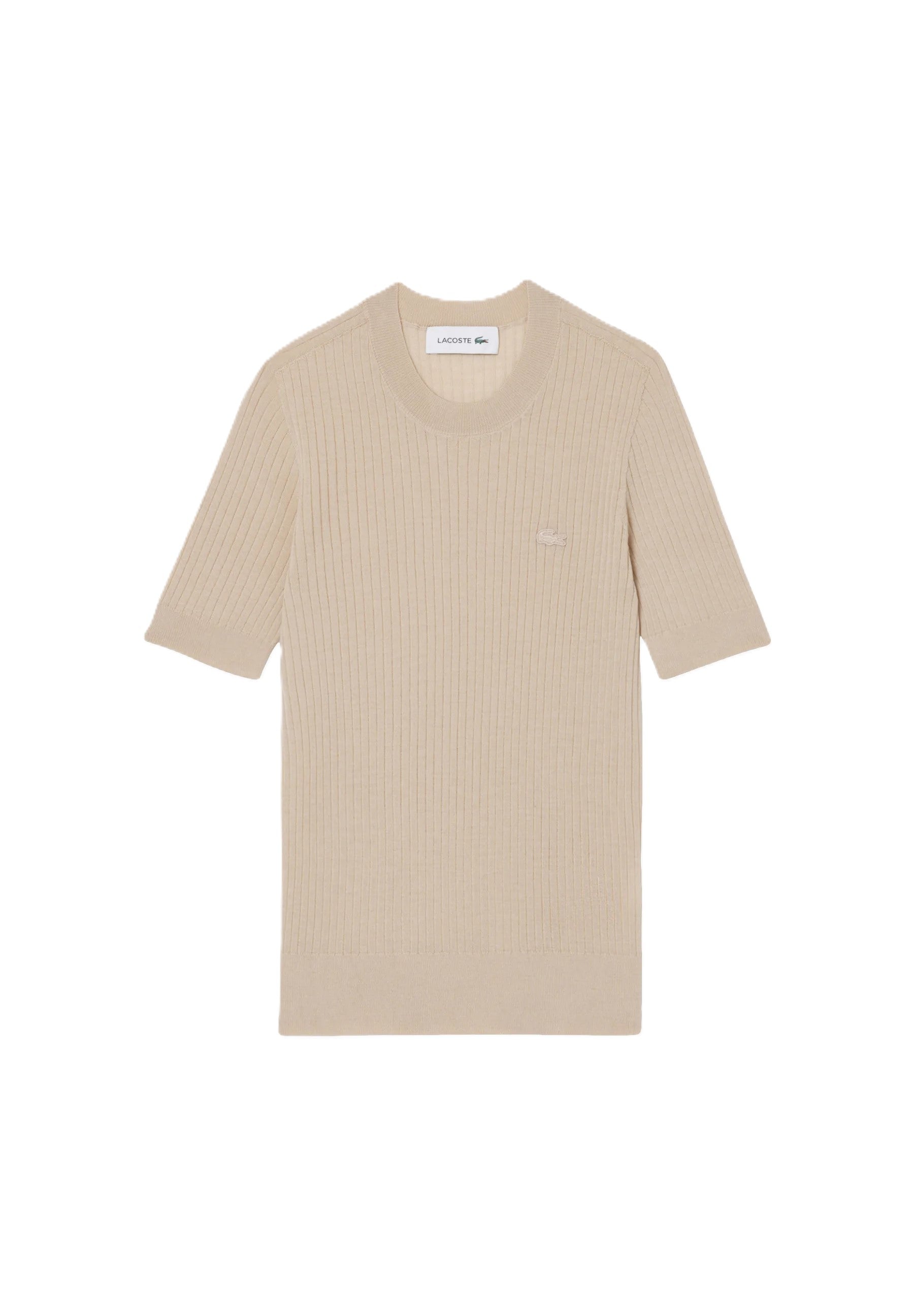Beige Short Sleeve Ribbed Knit Top