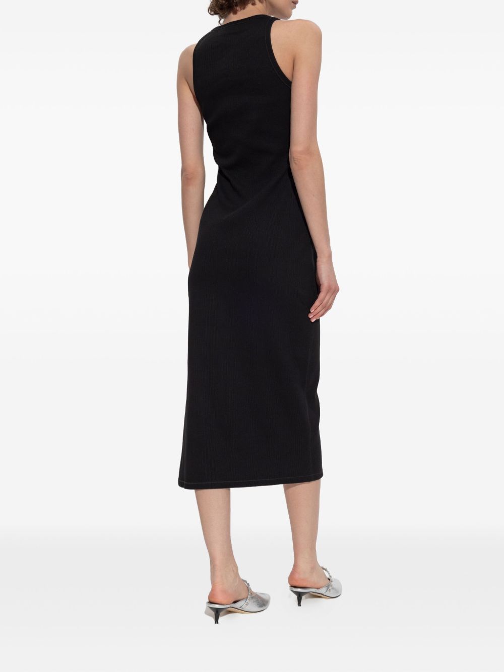 Placket Midi Dress With Crew Neck And Side Slit