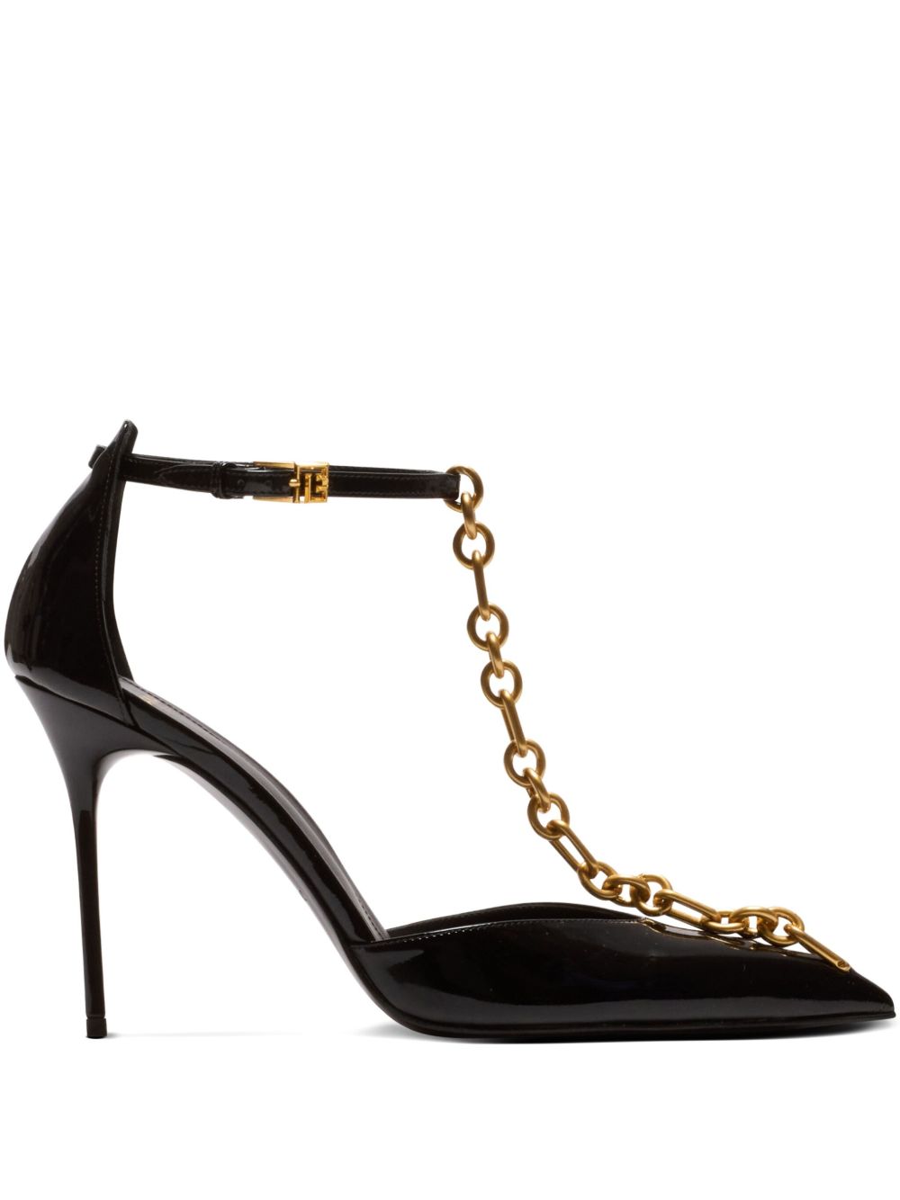 Glossy Pointed-Toe Pumps With Gold Chain Detailing