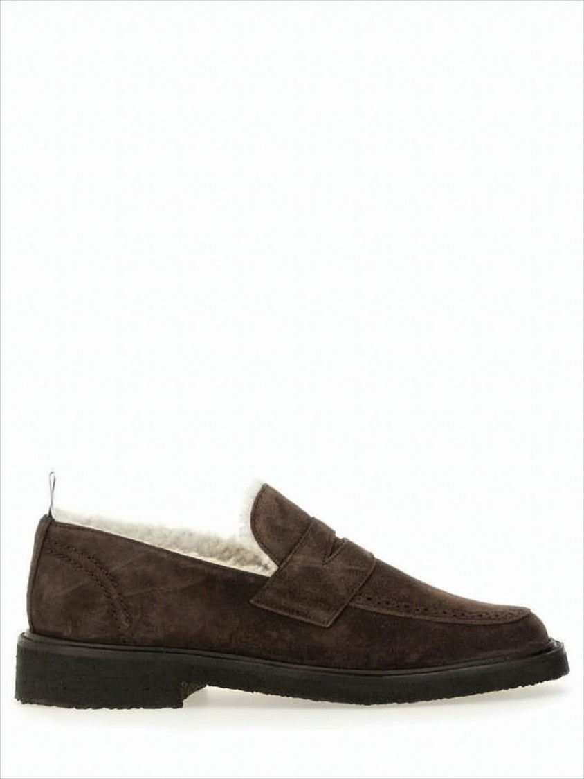 Dark Brown Suede Loafers with Shearling Lining and Tricolor Detail