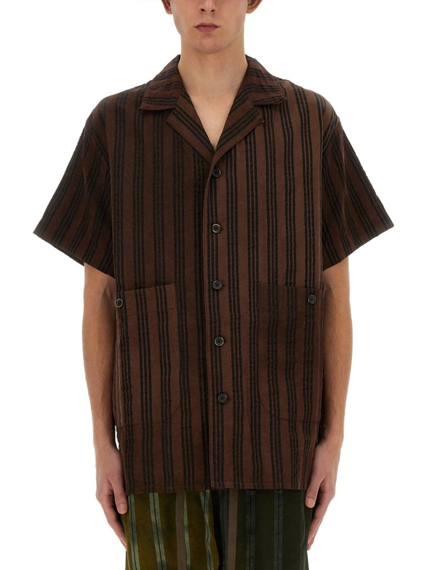 Striped Shirt With Oversized Collar And Textured Fabric