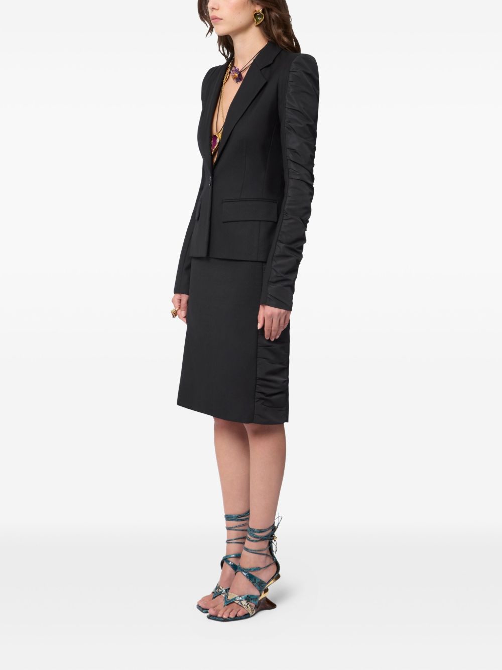 Tailored Black Jacket With Structured Lapels And Ruched Detailing