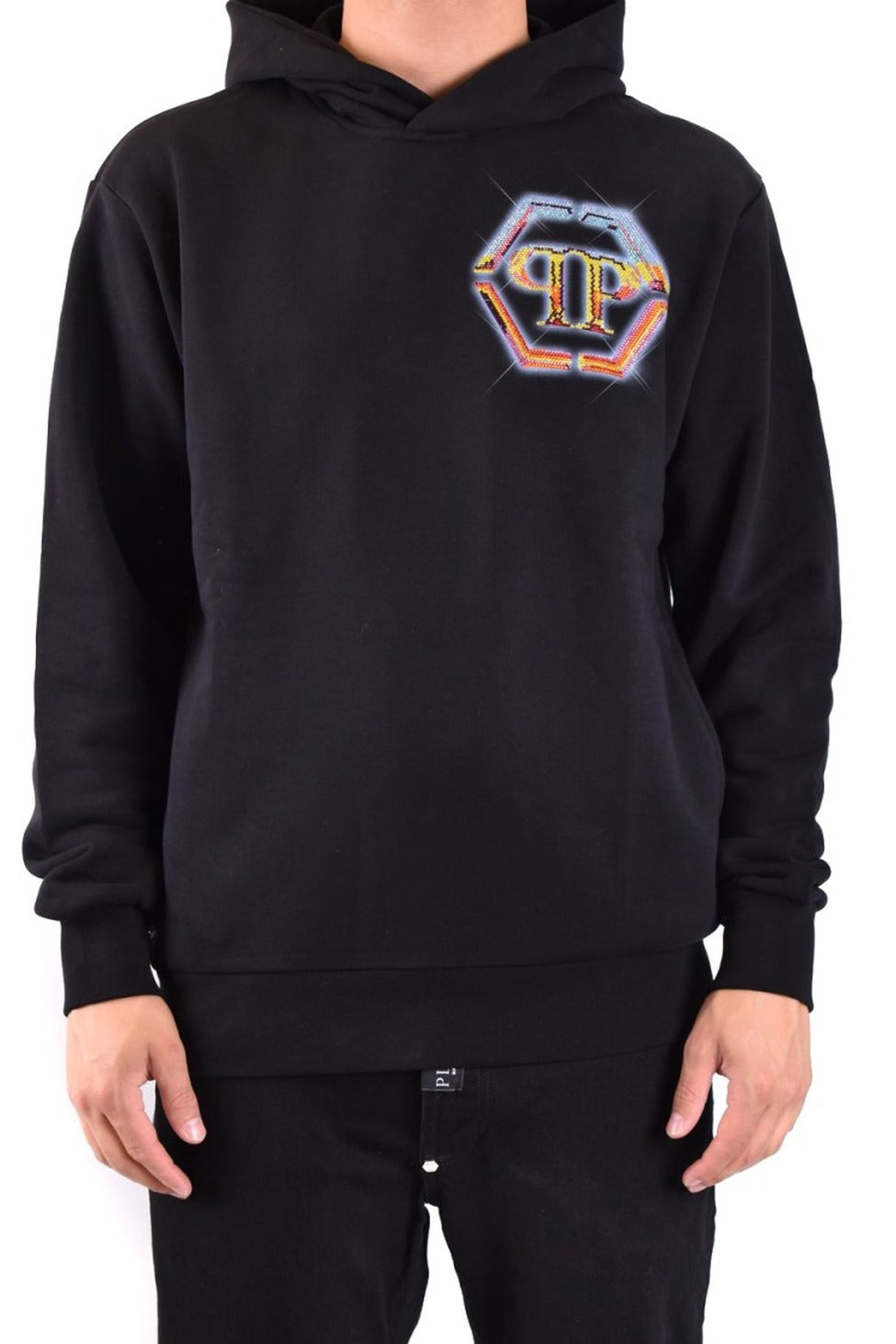 Black Cotton Sweatshirt With Iconic Hexagonal Logo
