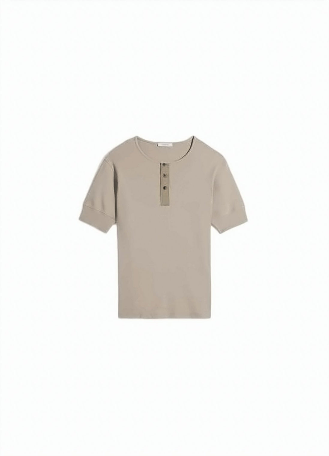Ribbed Beige Short-Sleeved Knit Top With Buttoned Placket
