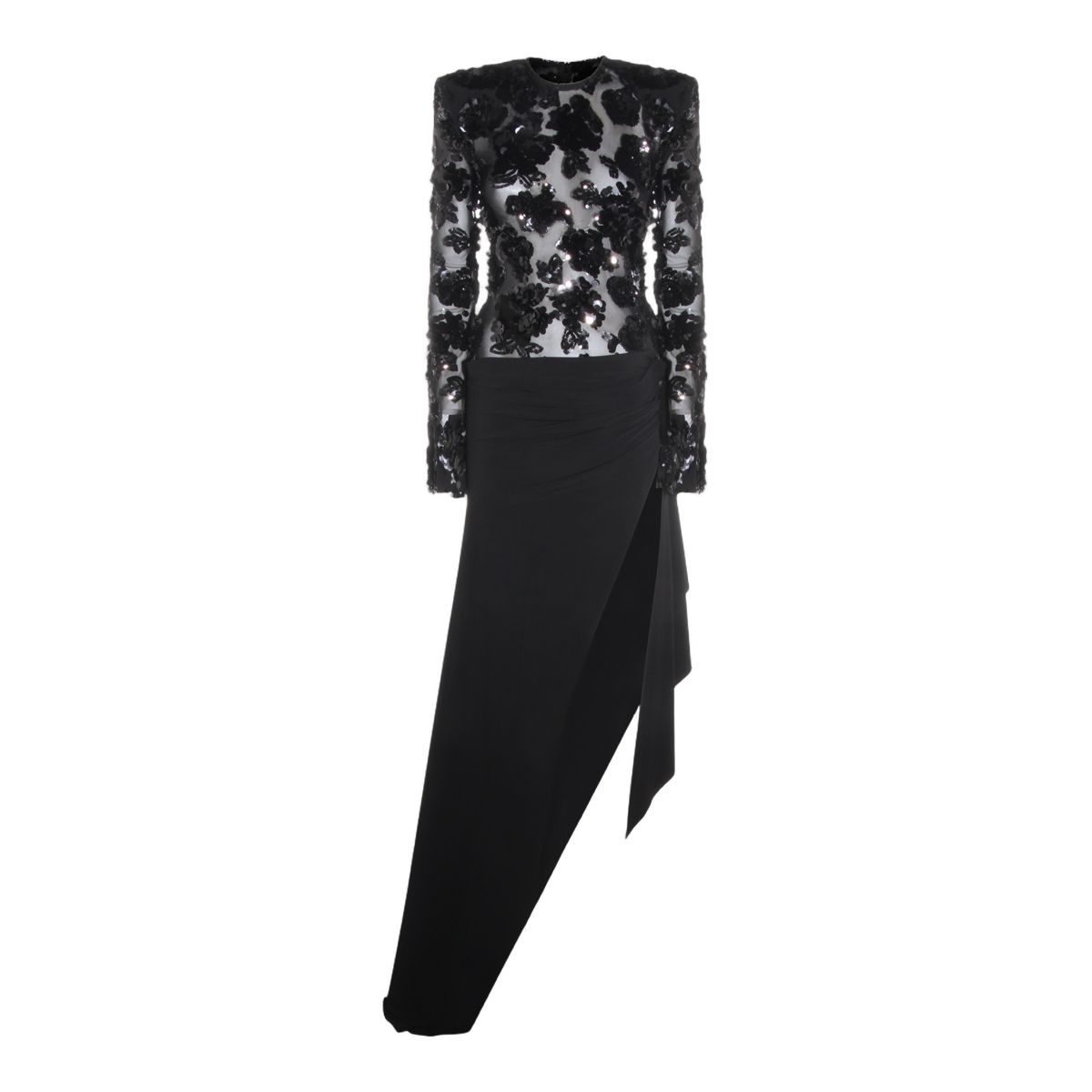 Asymmetrical Black Sequined Floral Appliqué Dress