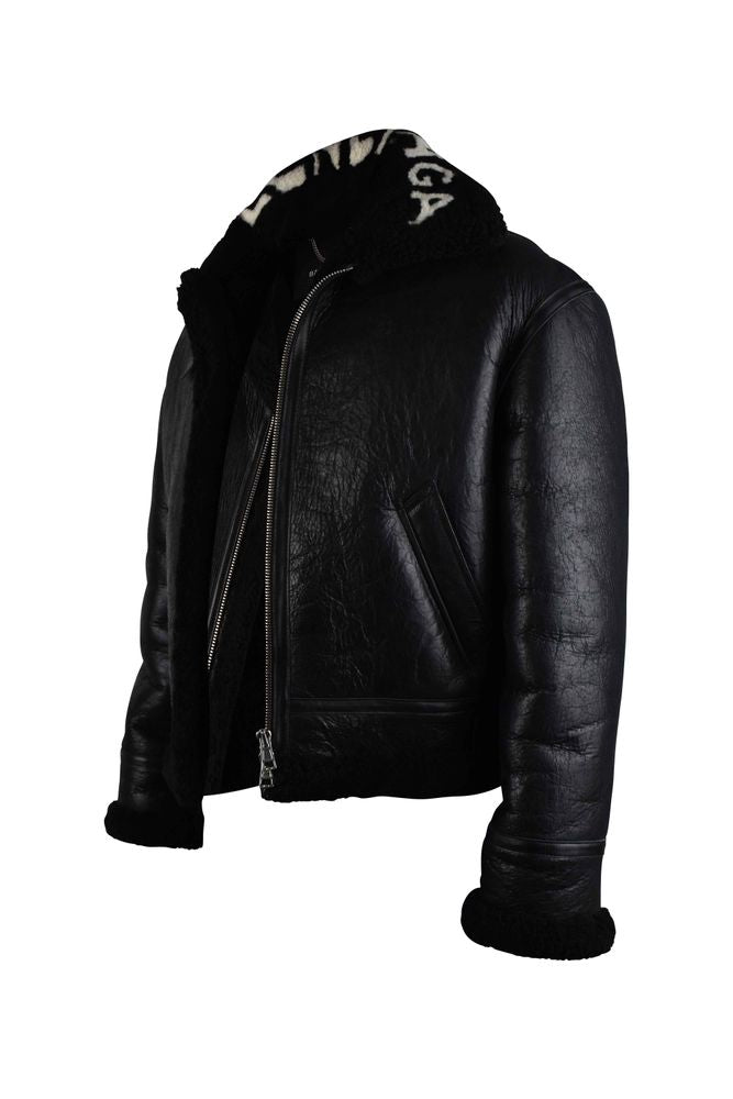Shiny Black Leather and Wool Bomber