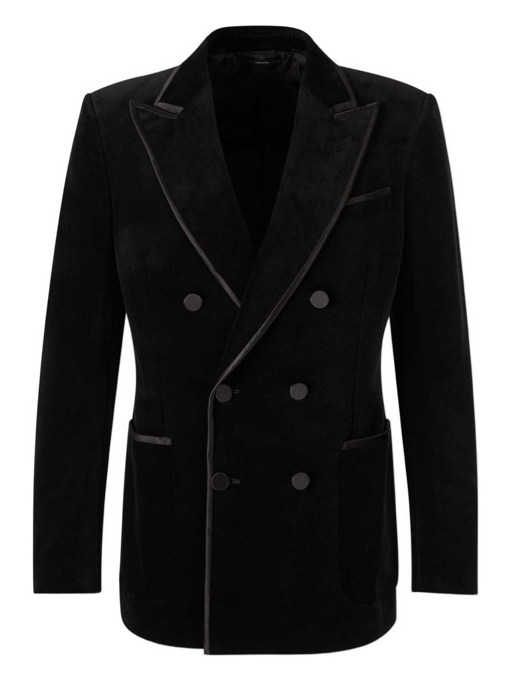 Double-Breasted Black Jacket With Satin Piping And Covered Buttons