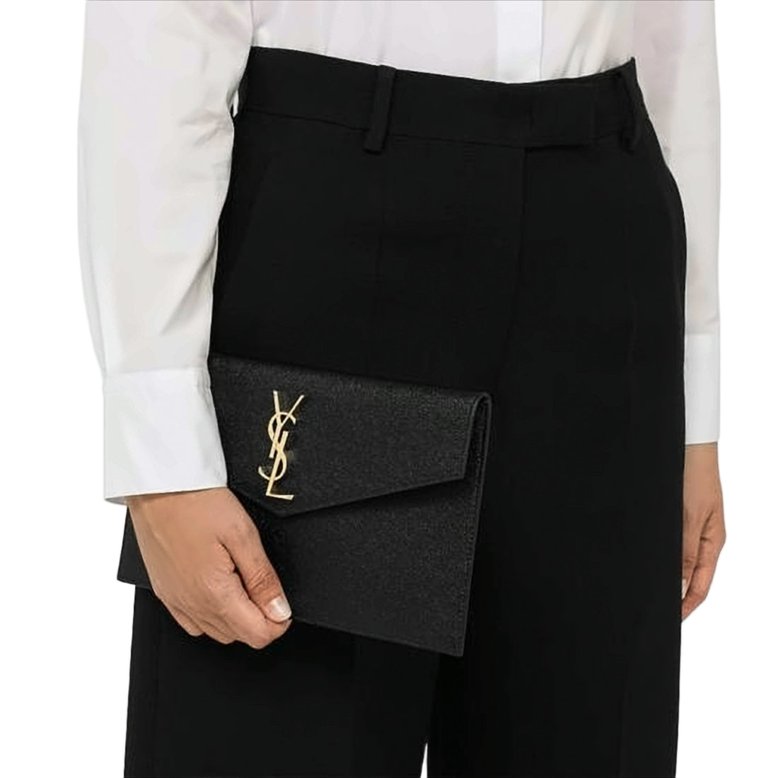 Textured Calfskin Clutch with Gold-tone YSL Logo