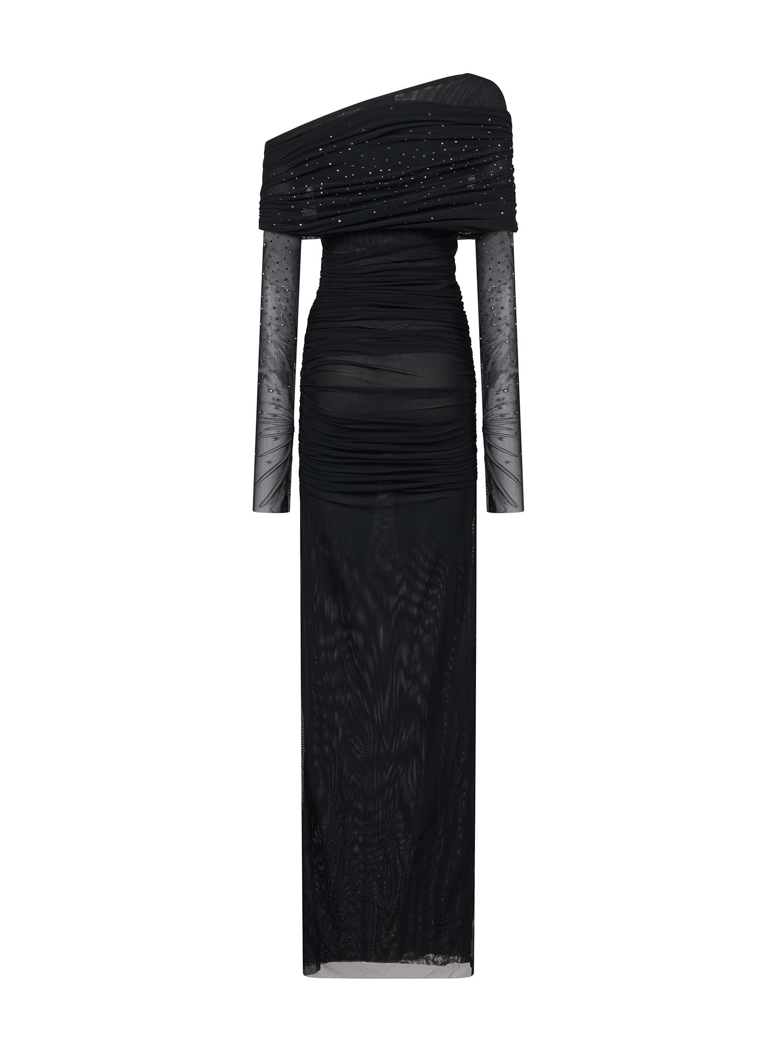 Asymmetrical Neckline Black Tulle Midi Dress